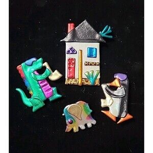 Lot Of 4 Vintage 90's Handmade Pins Plastic Colorful Shiny Playful